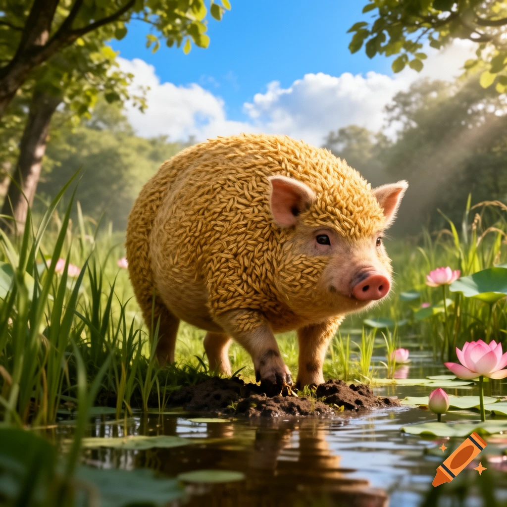 A photorealistic 'Ricepig' with a body made of rice grains walks through shallow water with pink lotus flowers in a sunlit forest.