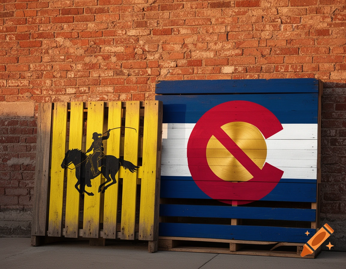 Two wooden pallets, one with a Wyoming flag and the other a Colorado flag with a rejection symbol, lean against a brick wall.