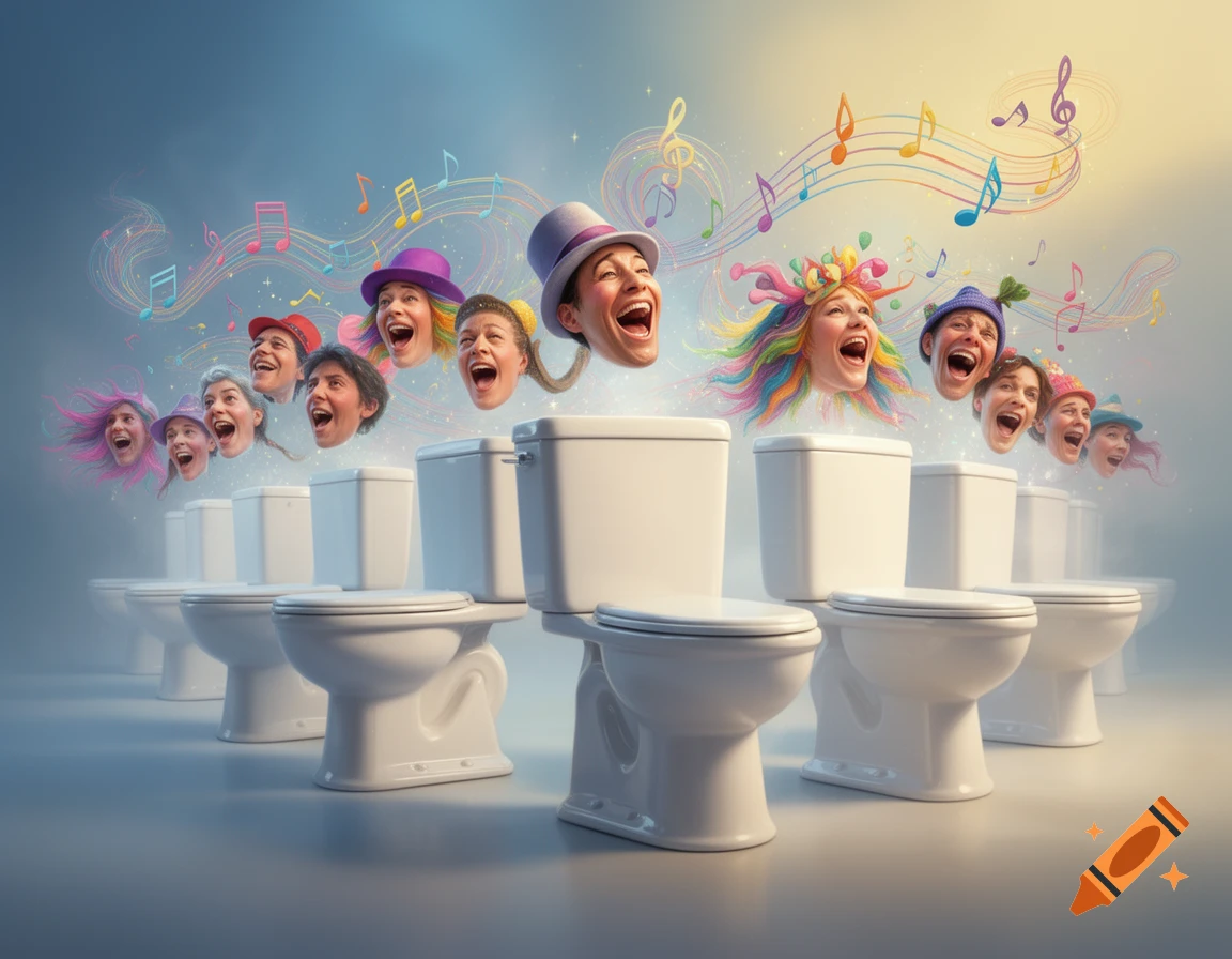 Whimsical image of diverse animated singing human heads floating above rows of white toilets with colorful musical notes.