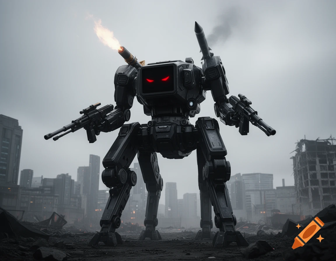 A menacing, dark armored four-legged combat robot with red glowing eyes and multiple weapons stands in a desolate, ruined city.