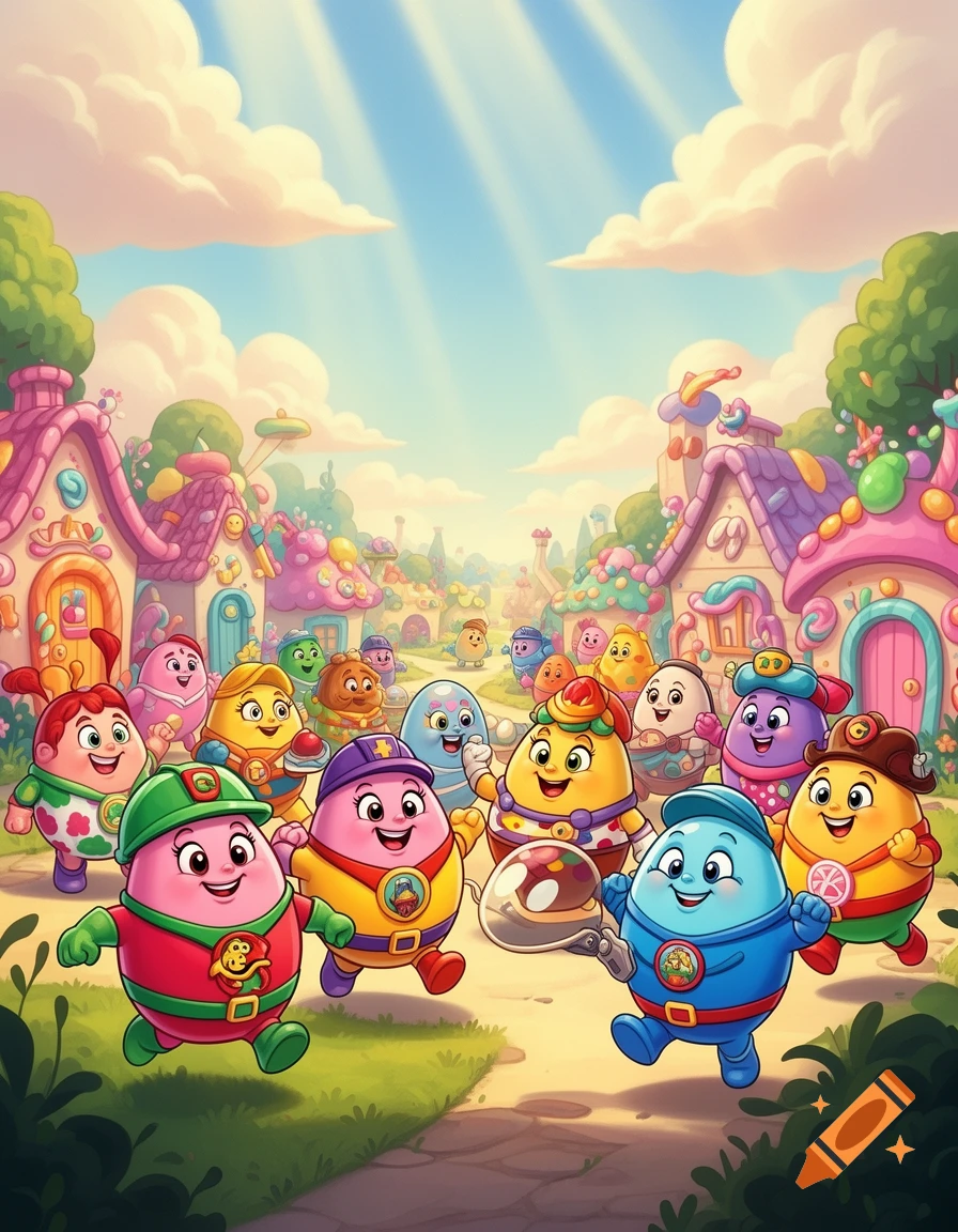 Colorful egg-shaped cartoon characters running through a whimsical, candy-themed town under a sunny sky.