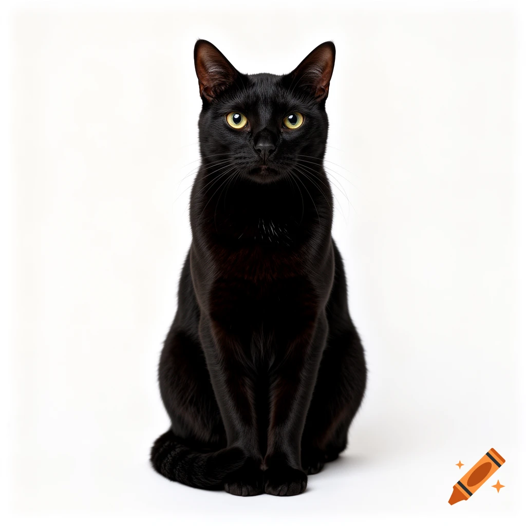 A sleek black cat with bright yellow eyes sits elegantly, facing forward against a plain white background.