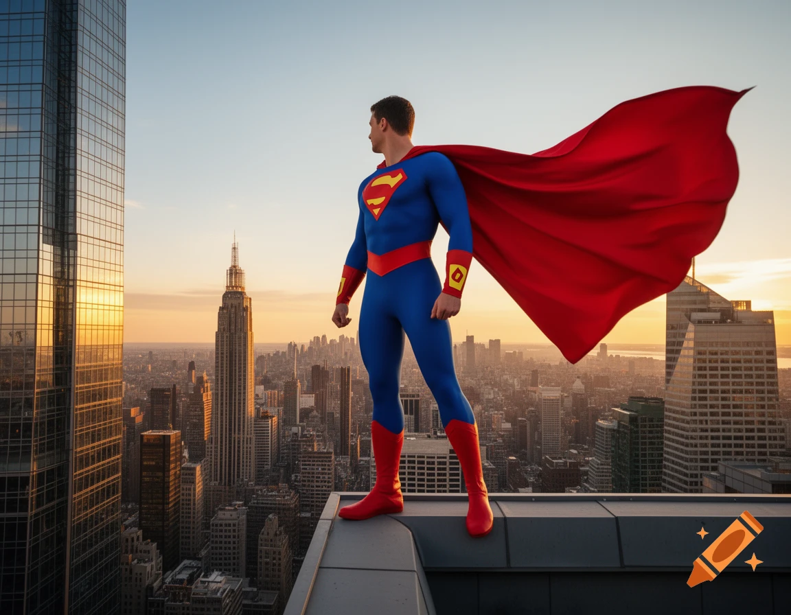 Superman stands on a skyscraper rooftop, cape flowing in the wind, overlooking a city skyline at sunset in a photorealistic style.