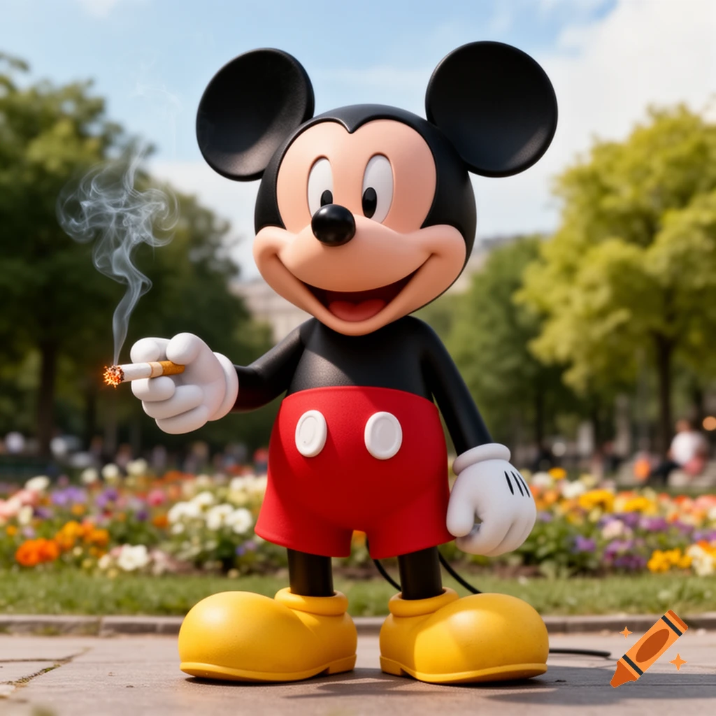 Mickey Mouse smiling and holding a lit cigarette, with smoke rising, in a sunny park with flowers.