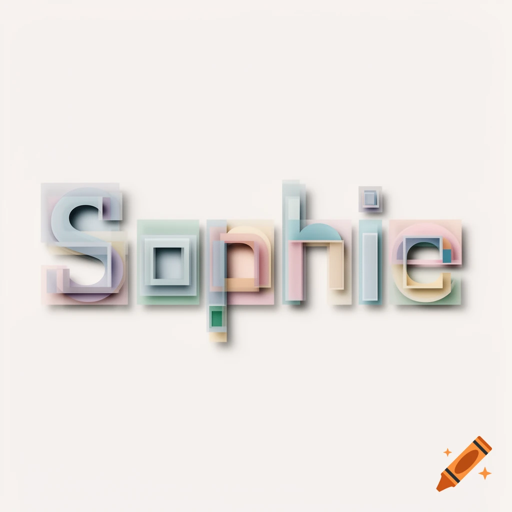 The name Sophie formed by overlapping pastel-colored translucent geometric shapes with shadows on a light background.