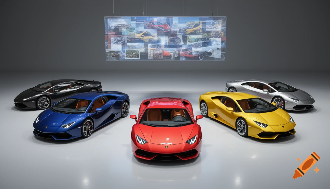 Five colorful Lamborghini supercars, including red, yellow, blue, black, and silver models, are displayed in a modern grey showroom with a large screen above.