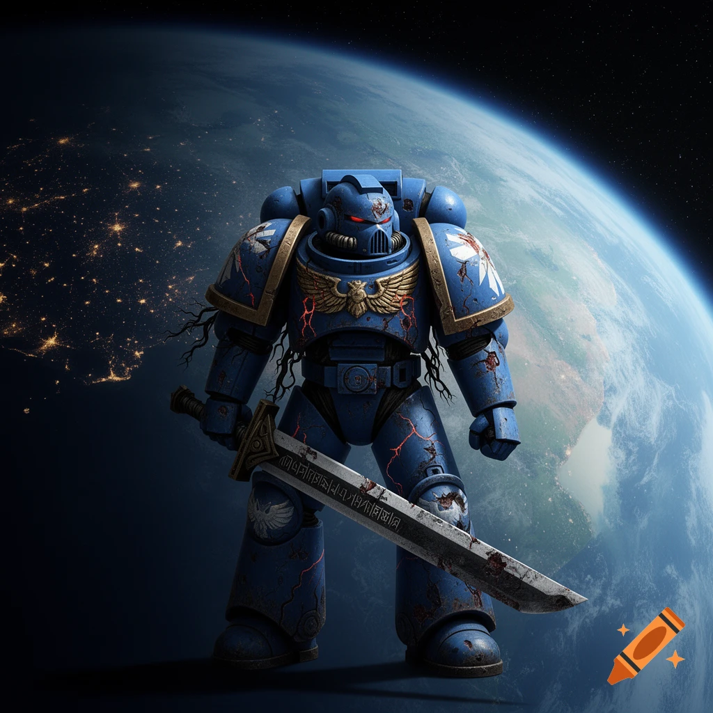 A heavily armored blue Space Marine with red glowing cracks and tendrils, holding a large sword, stands against the backdrop of Earth and space.