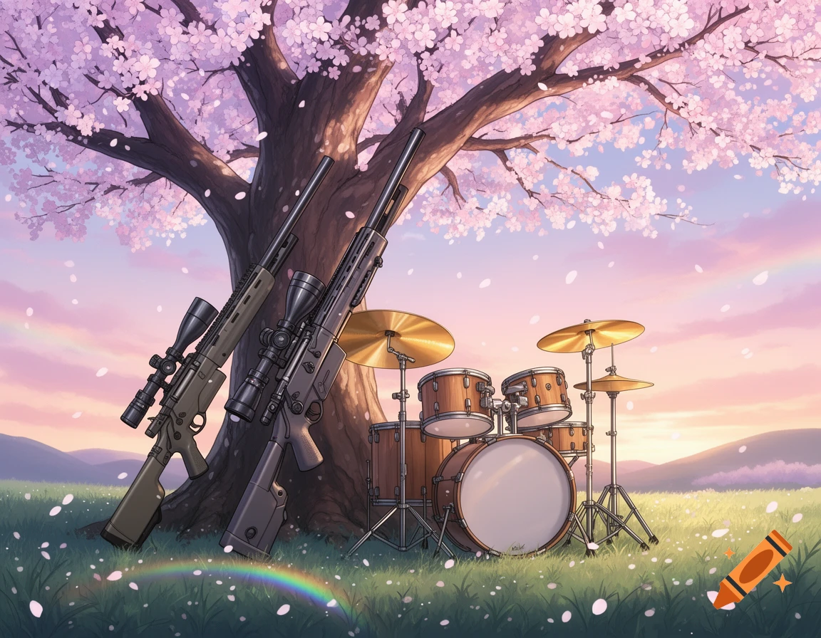 Two sniper rifles and a drum set rest under a cherry blossom tree with falling petals, a rainbow, and mountains in the background, in an anime style.
