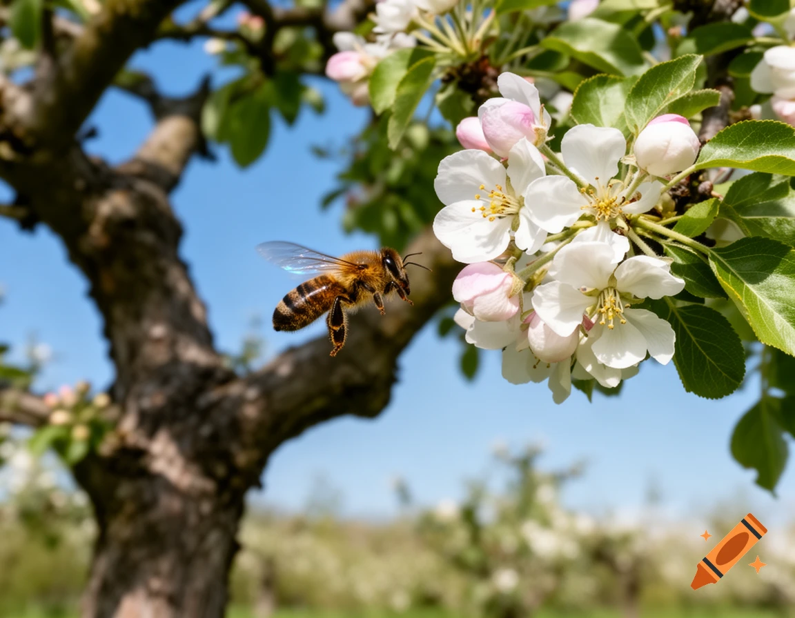 A honeybee in flight near white and pink apple blossoms on a tree branch against a blue sky, with a blurred orchard background.