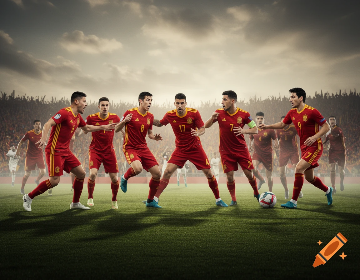 A photorealistic image of the Spanish National Football Team in red jerseys on a grass field during a game, with a dramatic cloudy sky above.