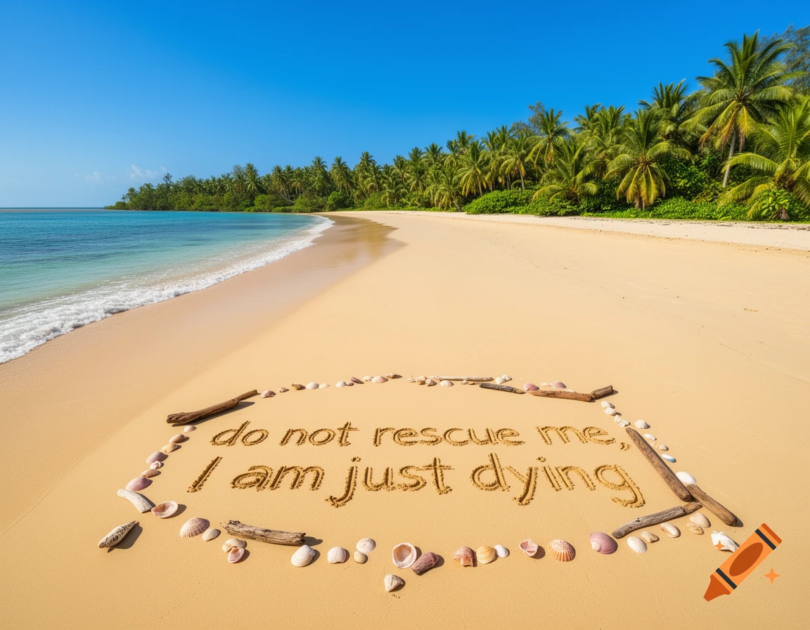 Sunny tropical beach with "do not rescue me, I am just dying" written in the sand, framed by shells and driftwood.