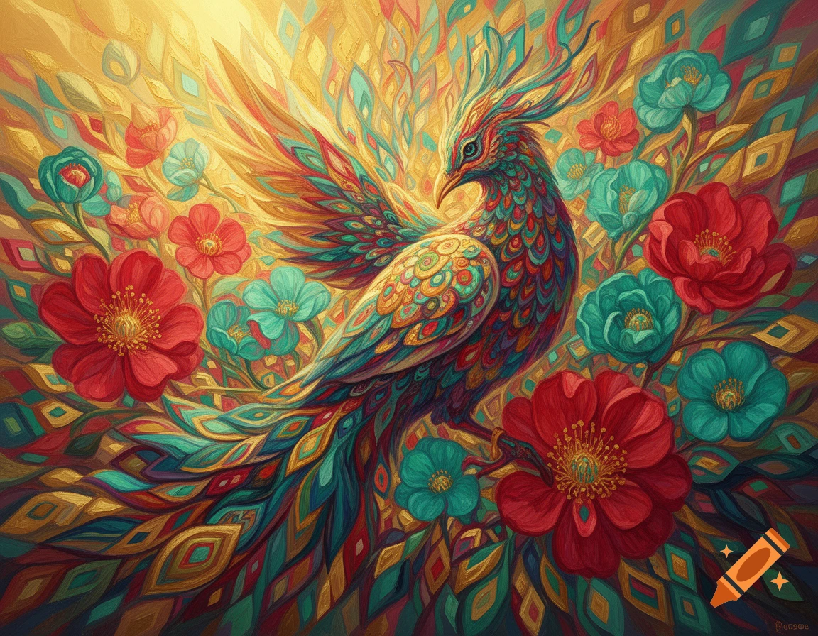 Abstract, vibrantly colorful painting of a peacock-like bird with ornate feathers among large red and turquoise flowers.