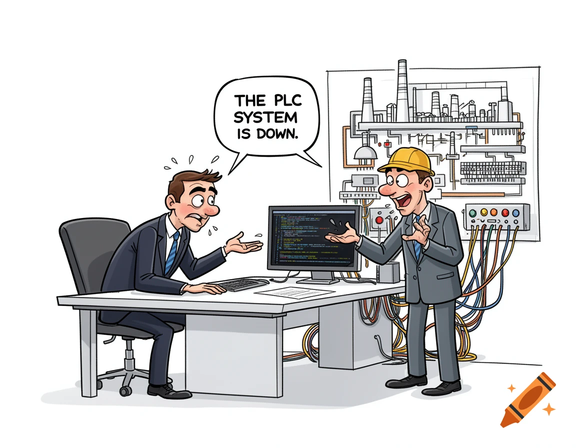 Cartoon of a confused CFO at his desk, as an IT engineer explains 'THE PLC SYSTEM IS DOWN' next to a factory diagram.