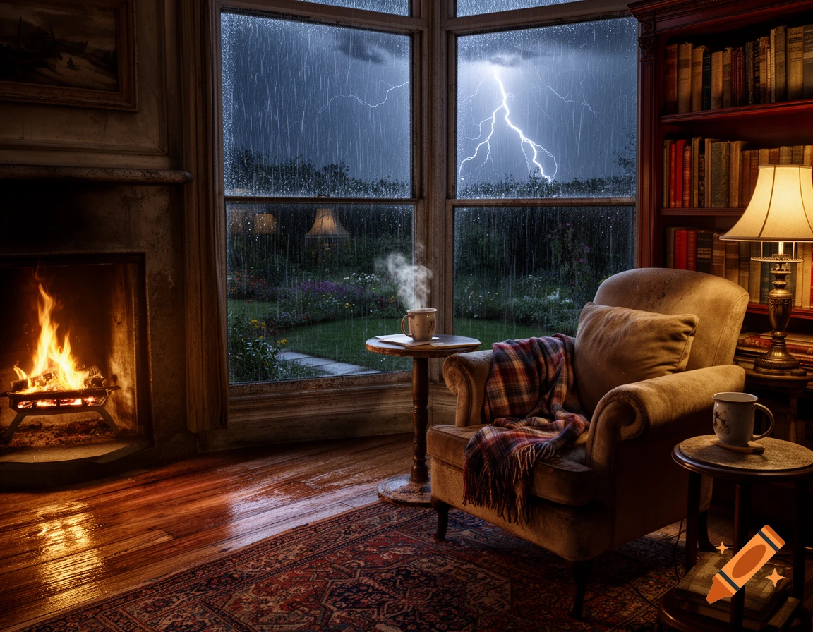 A cozy room with a roaring fireplace, a comfortable armchair with a blanket, and a bookshelf, looking out a window at a stormy night with lightning and rain.