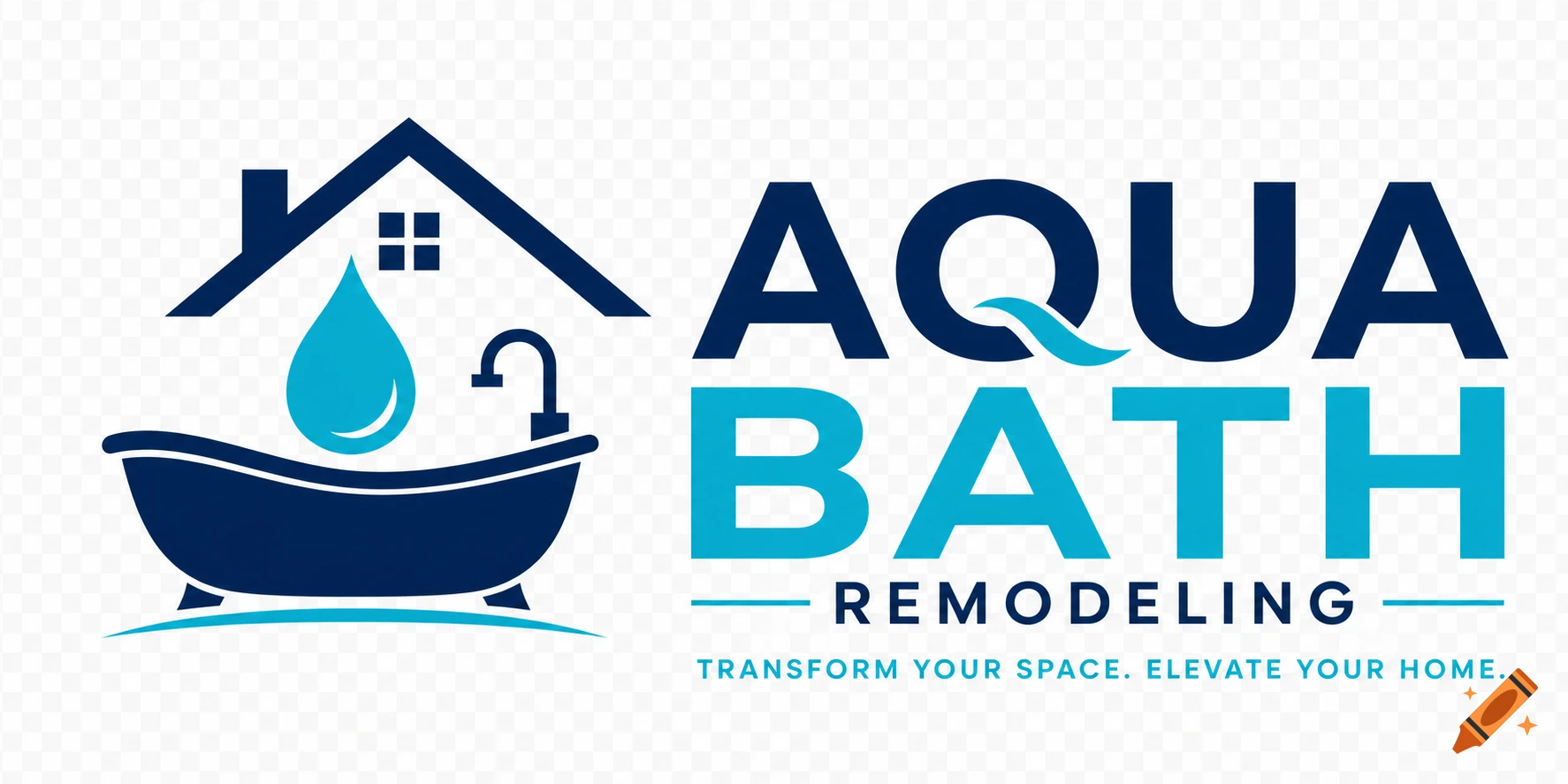 Logo for Aqua Bath Remodeling with a house, bathtub, and water droplet icon, in navy and aqua blue.