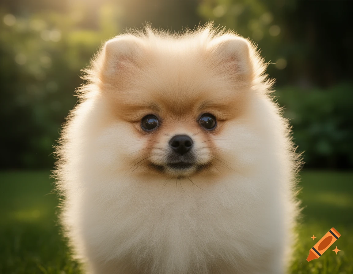 A fluffy light-colored Pomeranian puppy looking forward against a soft green background with warm sunlight.