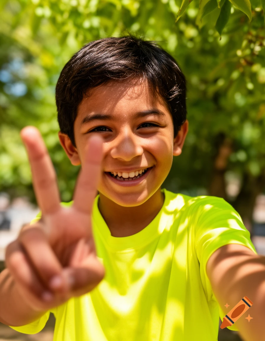 A smiling boy takes a selfie, holding up two fingers for a peace sign with green foliage background.
