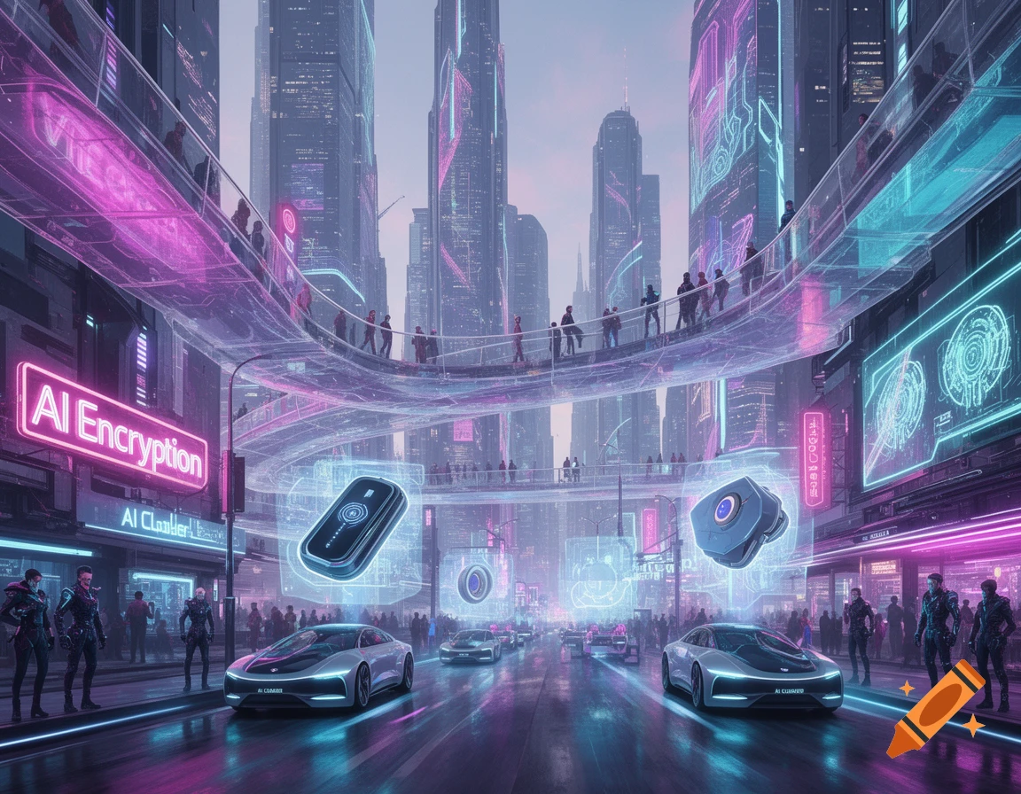 A vibrant cyberpunk city at night with neon lights in pink, purple, blue, and cyan. Futuristic cars drive on a wet street, and people walk on elevated transparent walkways. Large signs read 'AI Encryption' and 'AI Cloaker'.