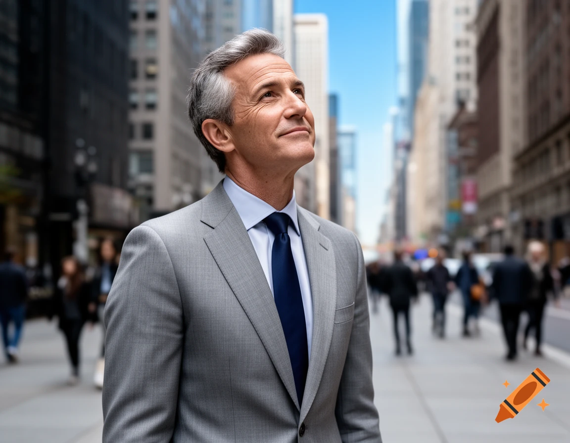 A smiling man with gray hair in a gray suit and blue tie looks up on a city street, with blurred skyscrapers and people in the background.