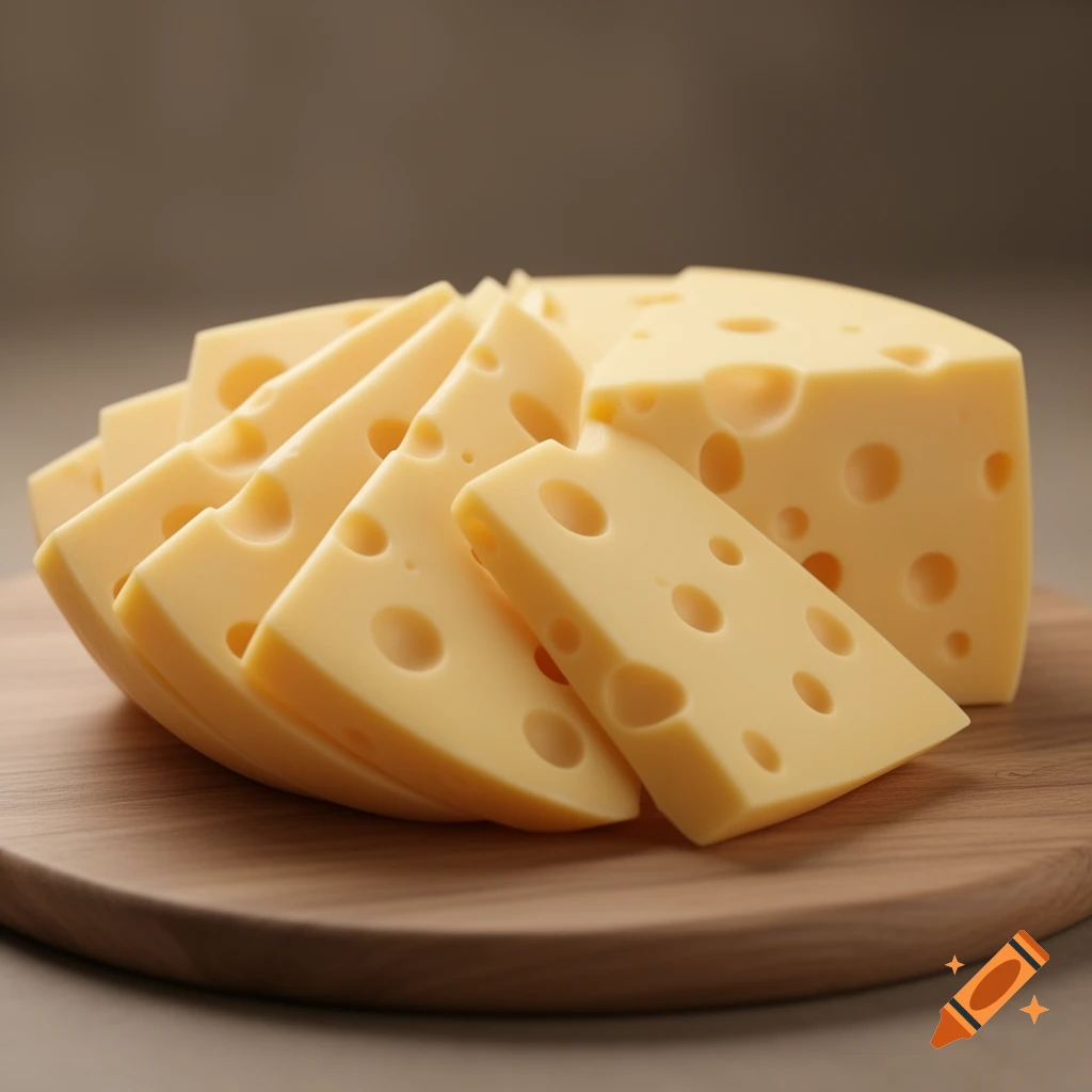 A close-up shot of a wedge of Swiss cheese and several triangular slices arranged on a wooden cutting board.