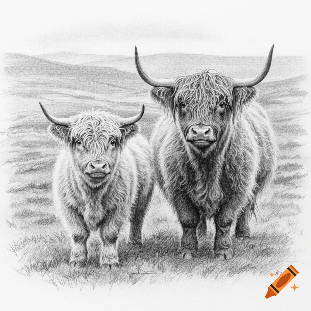 Realistic pencil drawing of two Highland cattle, one smaller and one larger, standing in a grassy field with hills in the background.