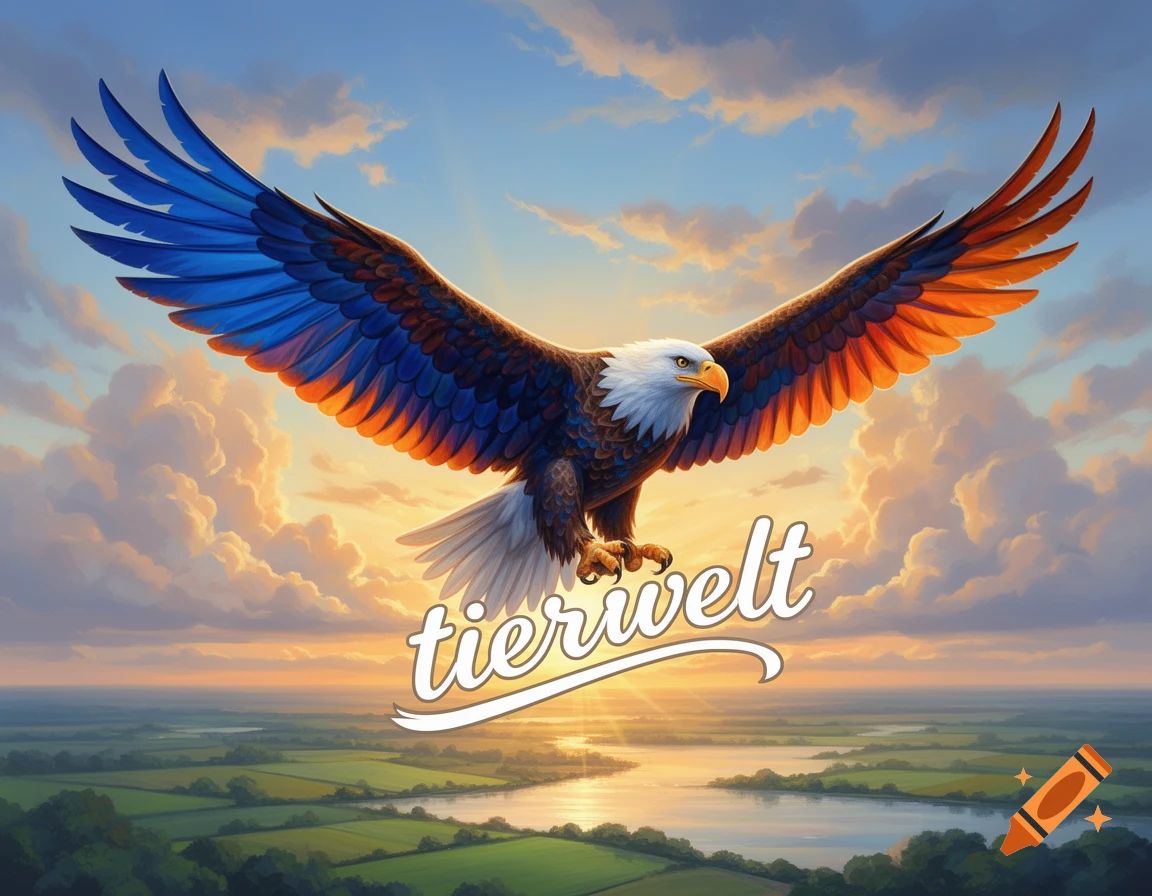 Digital art of a colorful eagle with spread wings soaring over a vibrant sunset landscape with a river, with 'tierwelt' text below.