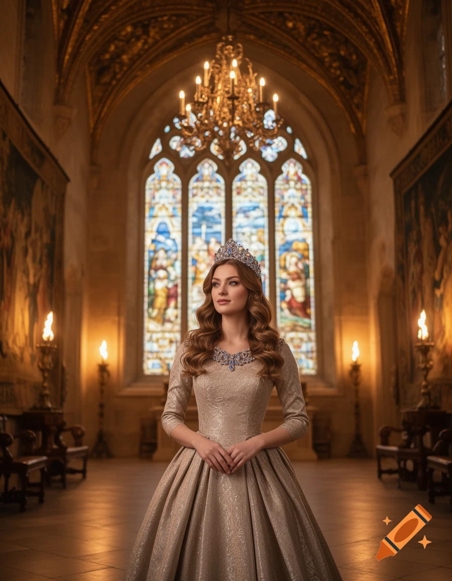 A young woman in a gold gown and crown stands in a grand hall with stained glass windows.