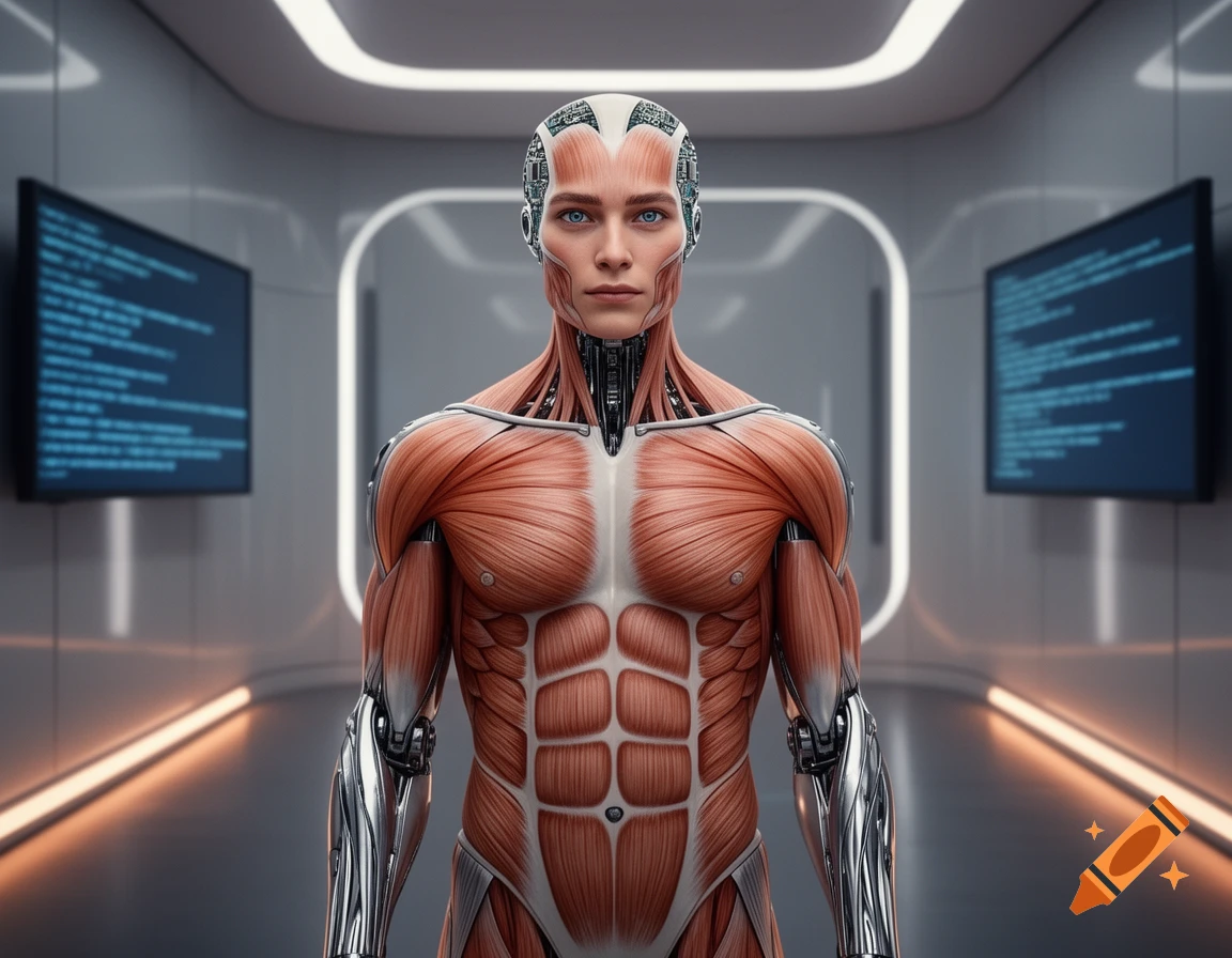 Muscular cyborg with exposed anatomy and metallic limbs, standing in a futuristic room with glowing screens.