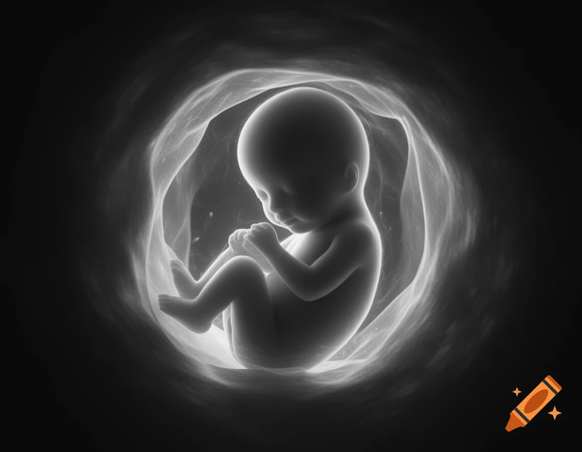 Grayscale rendering of a human fetus, curled within a womb, resembling an ultrasound image.