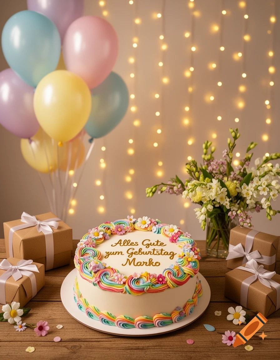 A photorealistic image of a birthday celebration with a rainbow-decorated cake, pastel balloons, presents, and flowers on a wooden table.