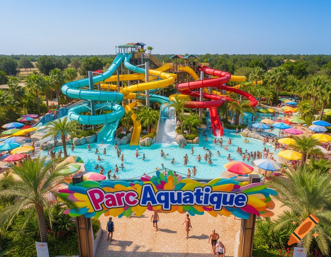 Aerial view of a vibrant, crowded water park with colorful slides, multiple pools, and palm trees under a clear blue sky.