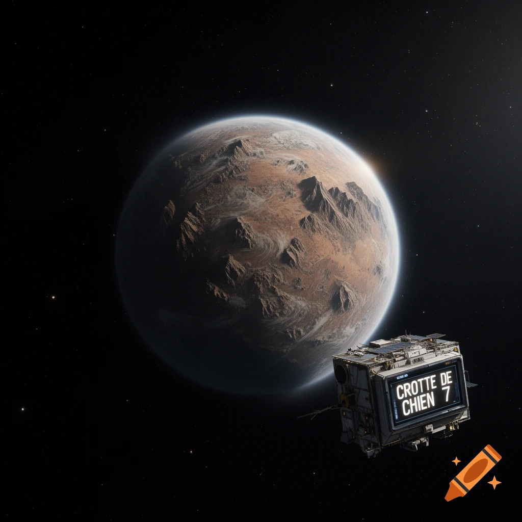 A detailed planet with rocky terrain in space, partially illuminated by a distant sun. A module floats nearby displaying "CROTTE DE CHIEN 7" on its screen.