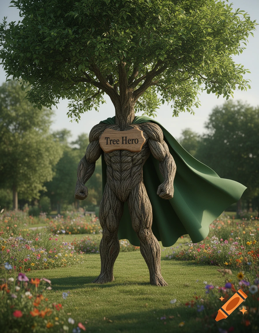 Muscular tree creature with a green cape and 'Tree Hero' sign on its chest stands in a field of wildflowers, photorealistic.