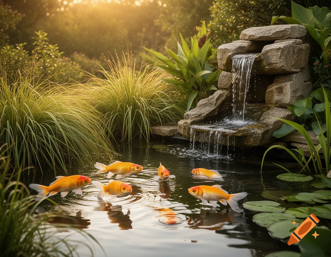 Six golden goldfish swim in a sunlit garden pond featuring a cascading rock waterfall and lush green plants.