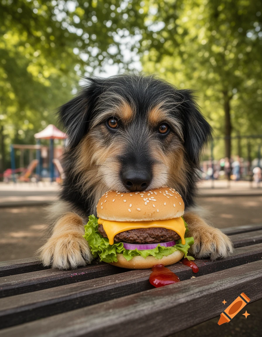A fluffy black and tan dog holds a cheeseburger with lettuce, onion, and ketchup on a wooden bench in a park, photorealistic.