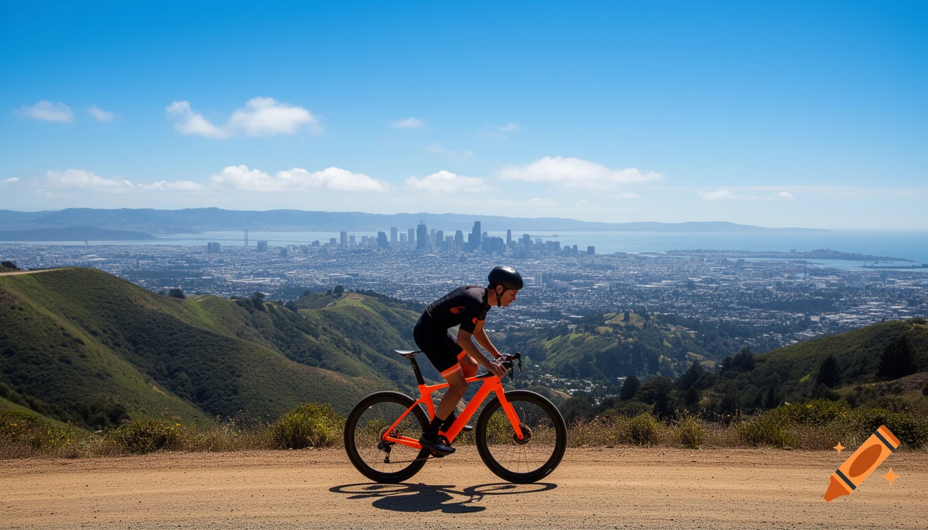 Photorealistic image of a cyclist on a bright orange road bike riding uphill on a sunny mountain path overlooking San Francisco.
