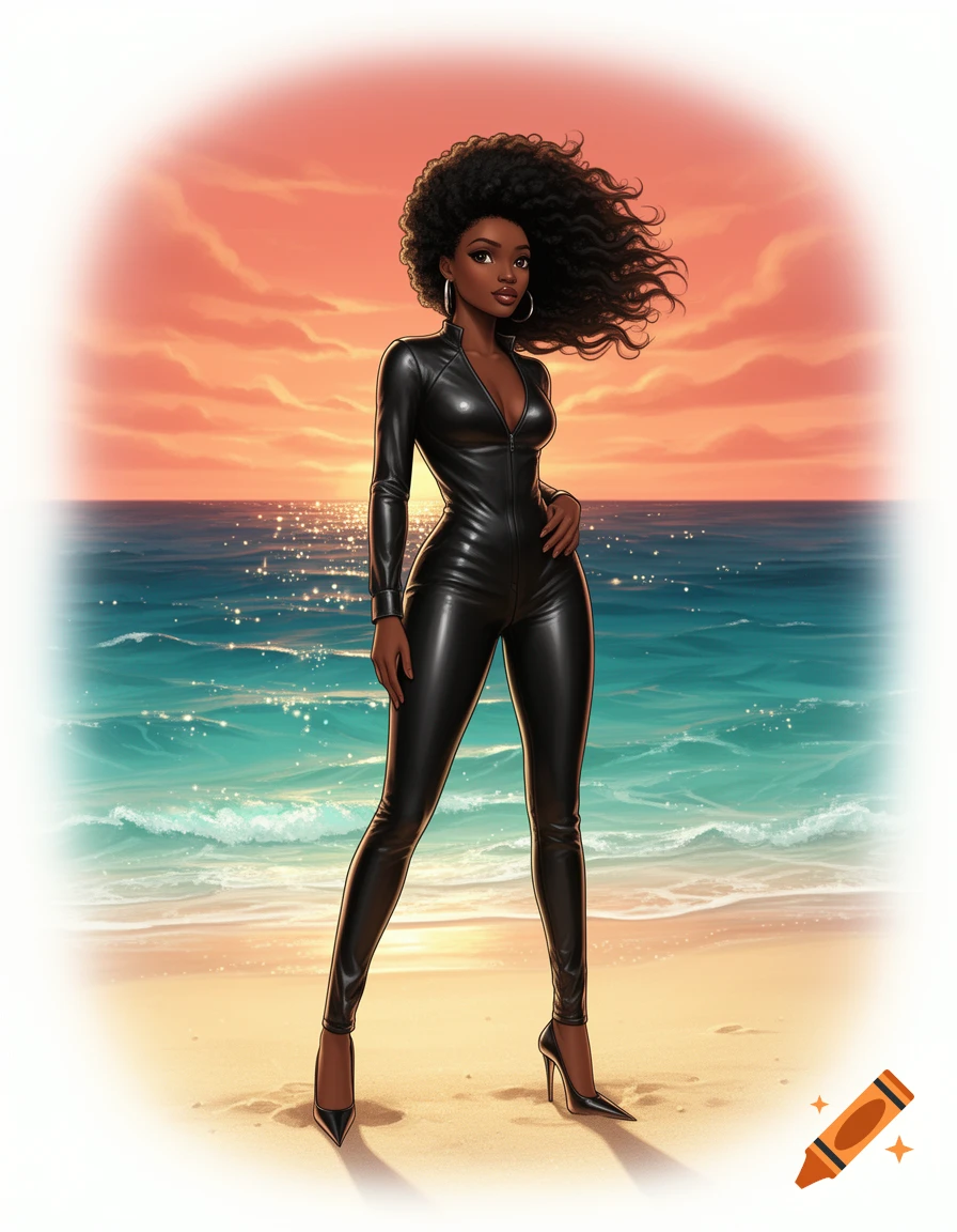 Animated African woman with an afro, wearing a black leather jumpsuit and stilettos, standing on a beach at sunset.