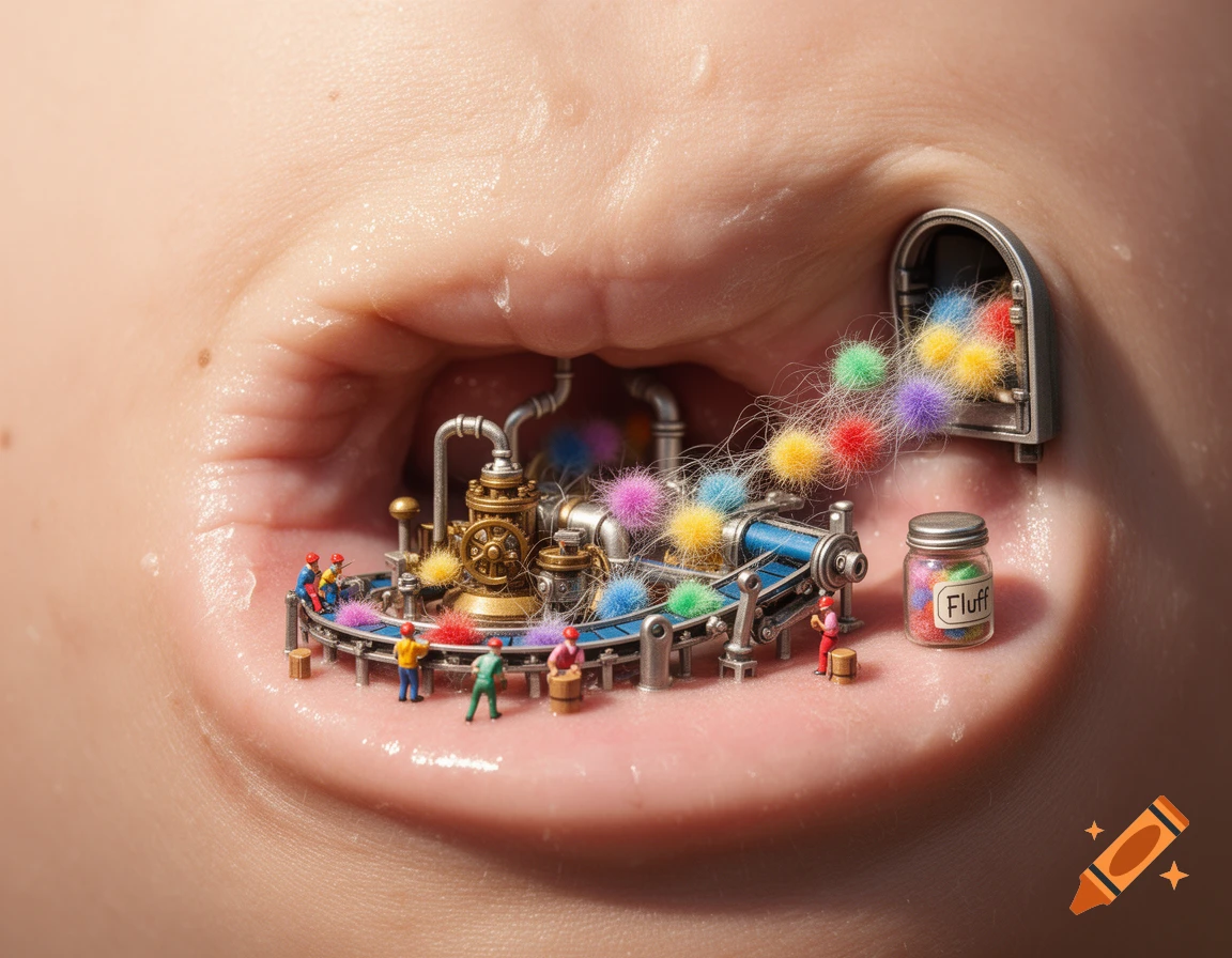 A miniature fluff production factory with tiny workers making colorful pom-poms inside a human belly button, photorealistic.