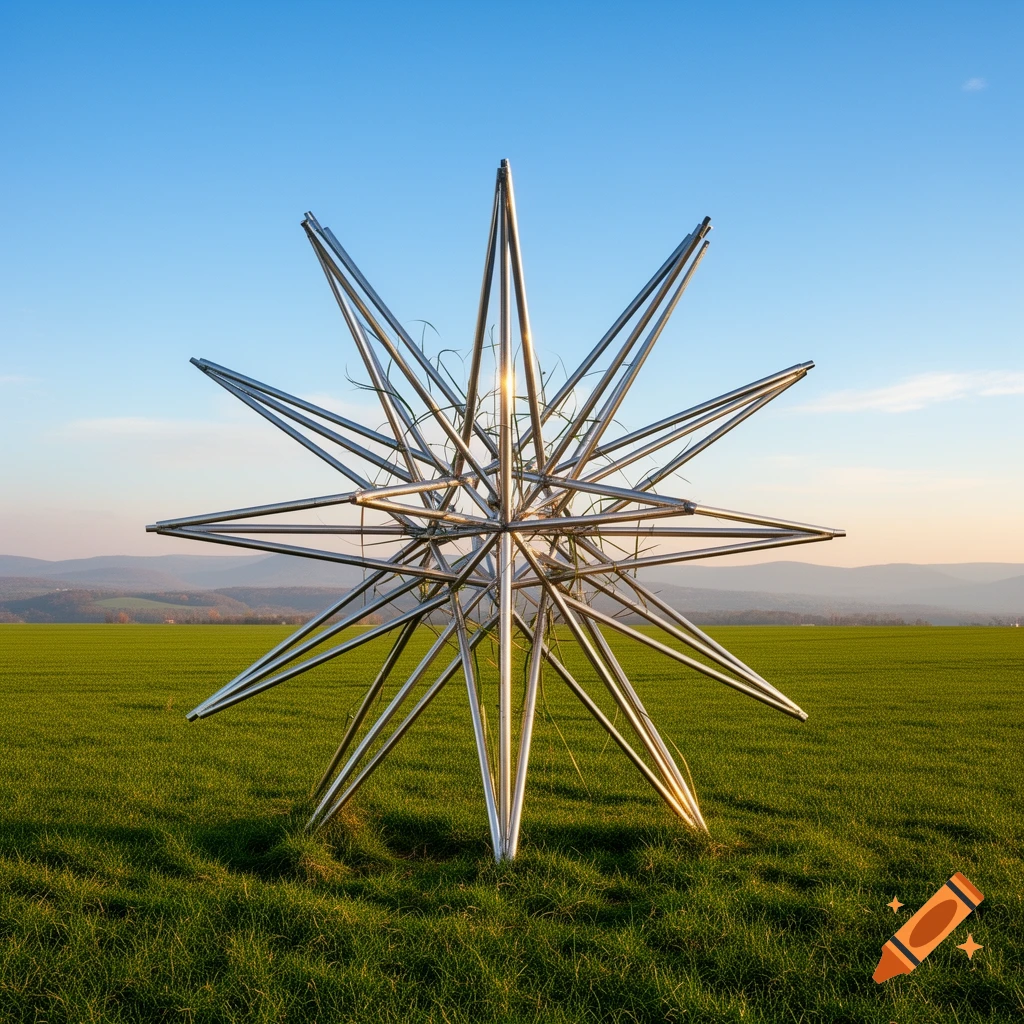 A large, shiny metallic star-shaped sculpture stands in a vibrant green field under a clear blue sky.