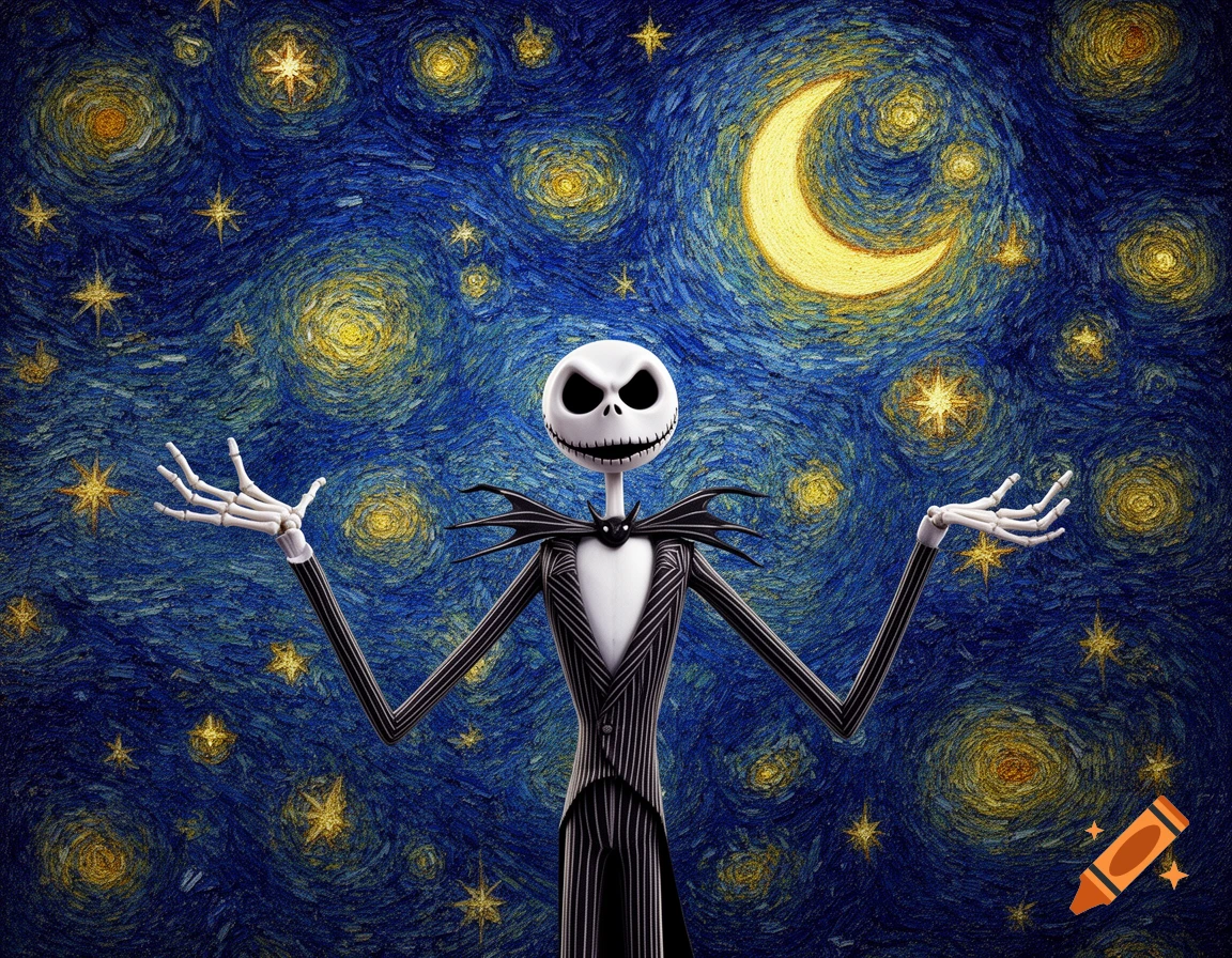 Jack Skellington stands against a vibrant, swirling Van Gogh-style Starry Night sky with a crescent moon and stars.