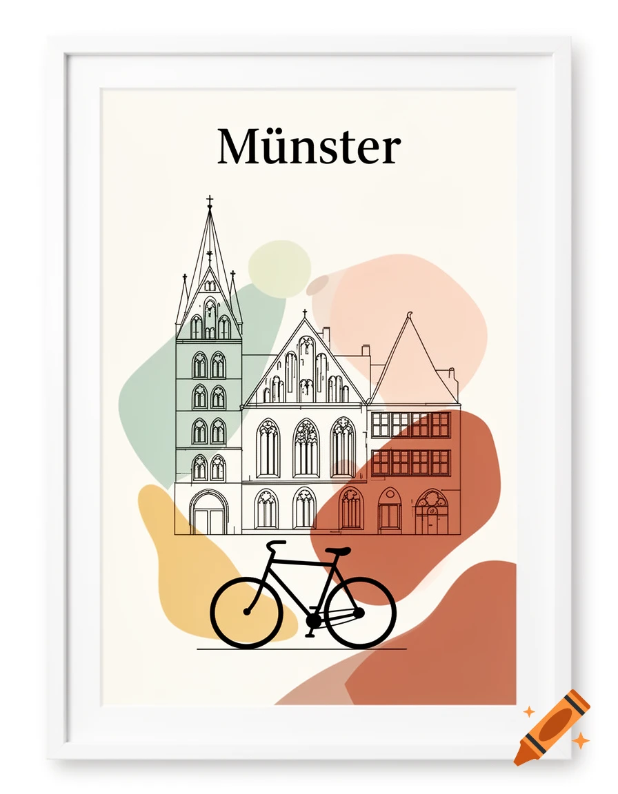 Minimalist line art illustration of Münster's architecture and a bicycle with abstract colorful shapes, framed.