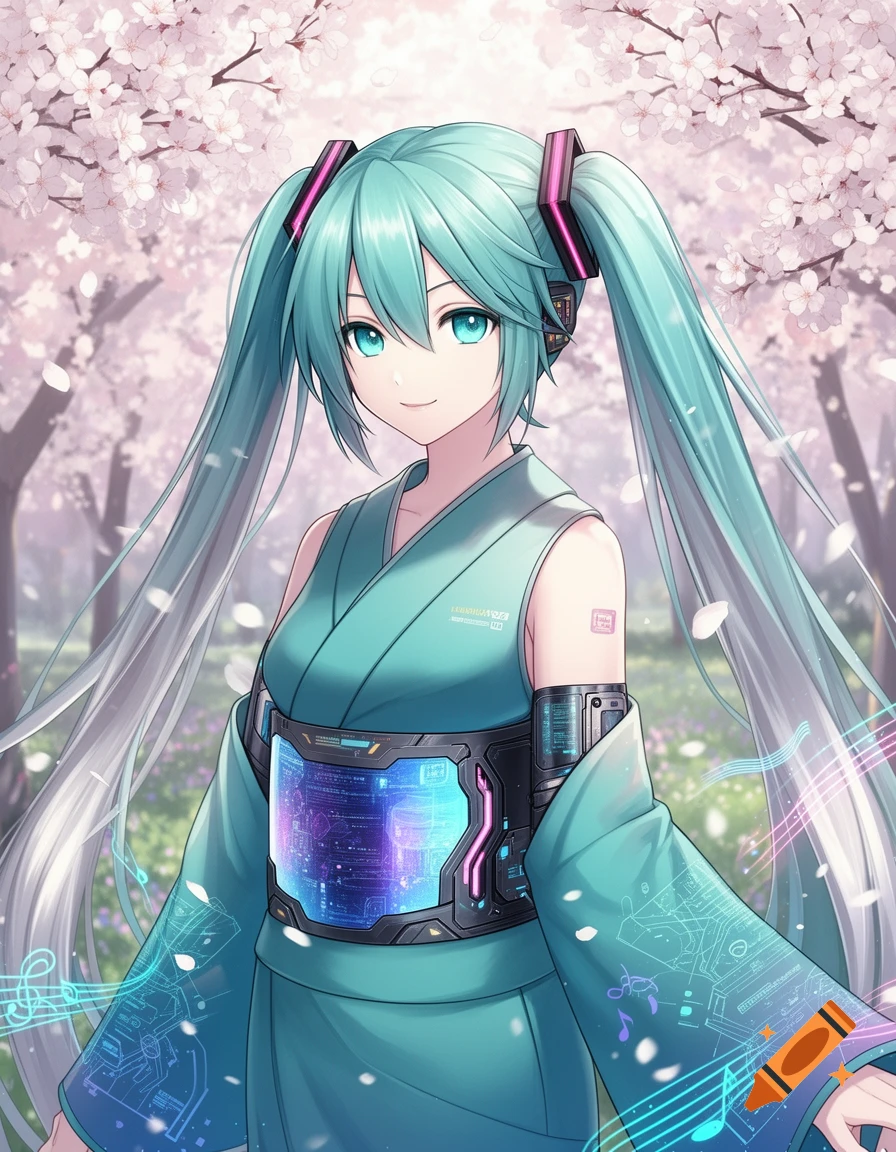 Anime girl Hatsune Miku in a teal kimono with cyberpunk tech details, standing amongst pink cherry blossoms.