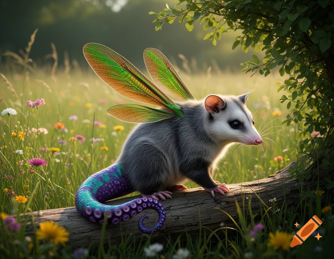 Photorealistic image of a possum with iridescent grasshopper wings and a purple octopus tentacle tail sitting on a log in a sunny field with wildflowers.