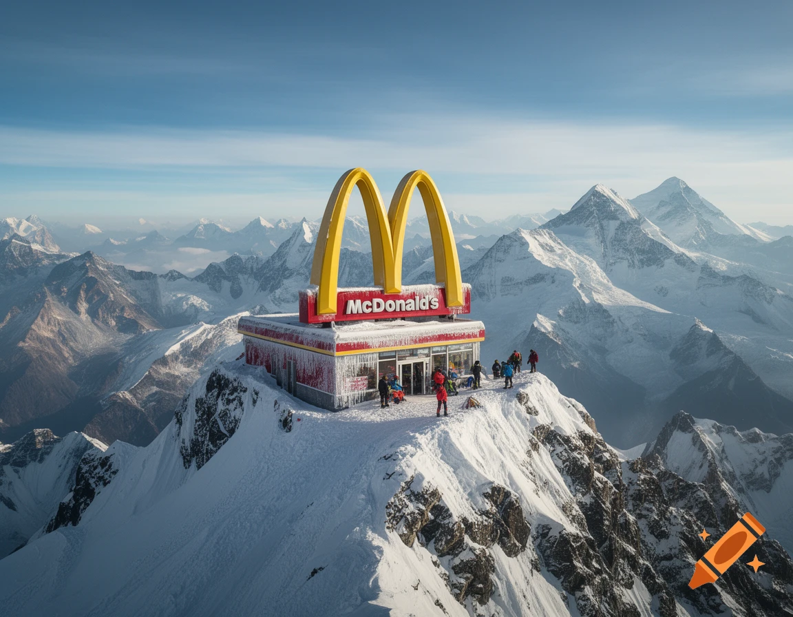 A photorealistic image of a McDonald's restaurant on a snowy mountain peak, with climbers nearby.