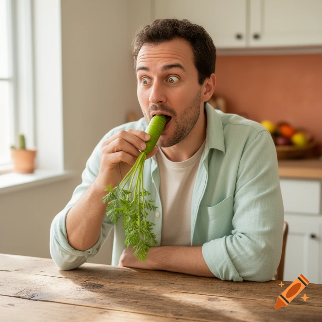 A man with wide eyes eats a long green carrot with its leafy top, sitting at a wooden table in a brightly lit kitchen.