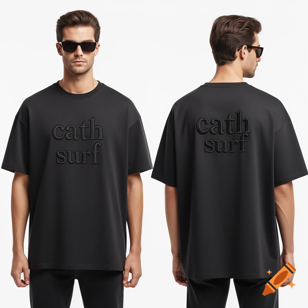 Front and back view of a male model wearing a black oversized T-shirt with "cath surf" embroidered, sunglasses, in a professional studio.