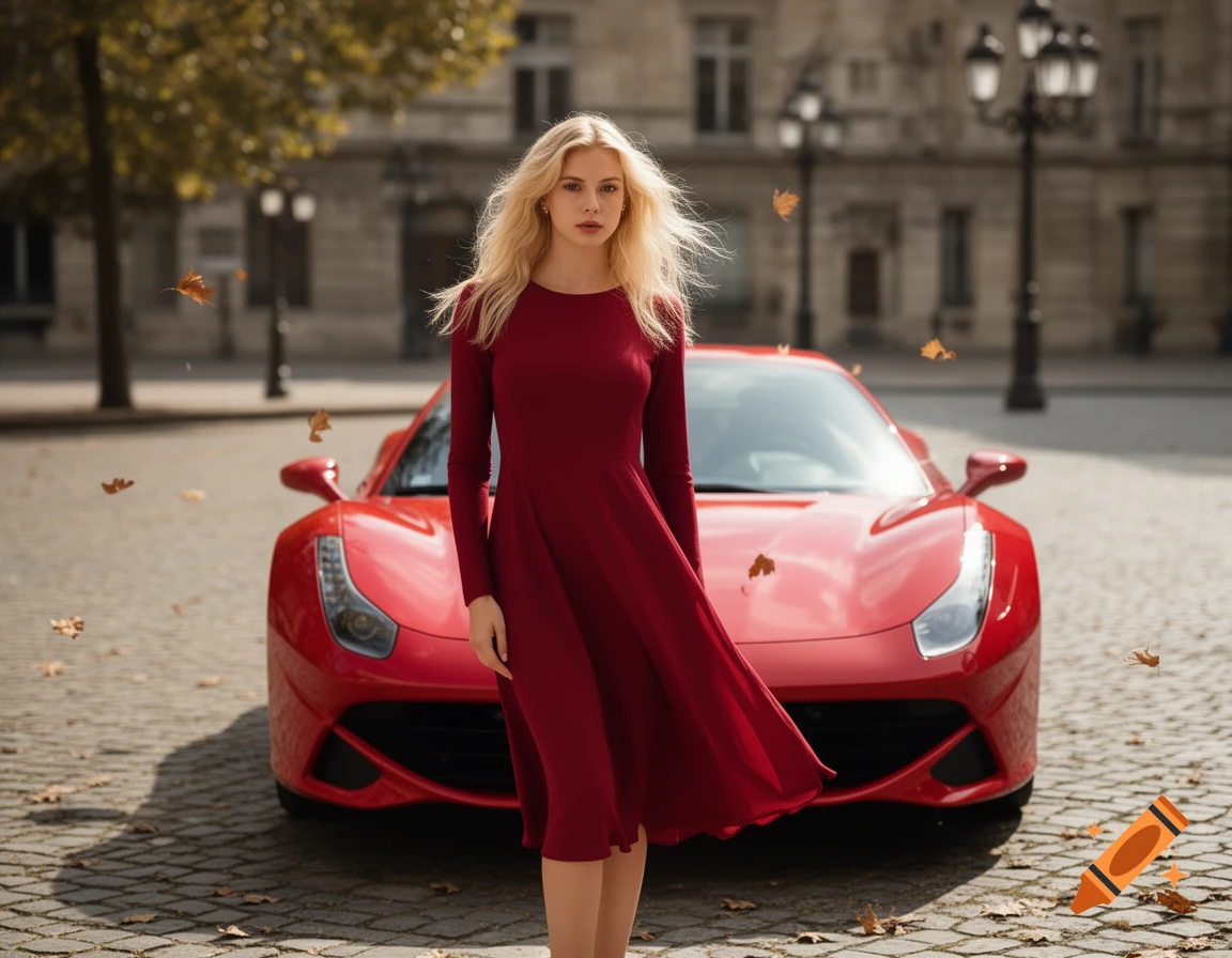 Blonde woman in a flowing red dress stands before a red sports car on a cobblestone street with falling autumn leaves.