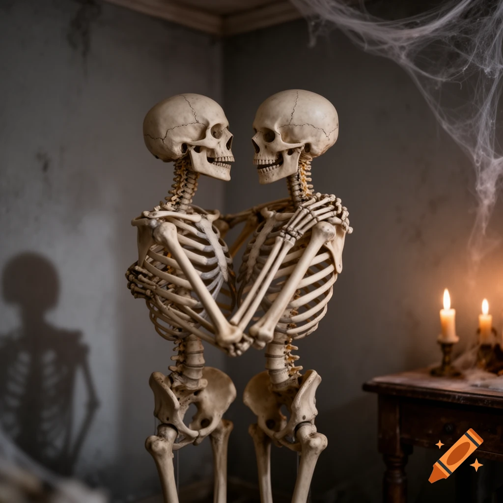 Two skeletons hug each other in a dimly lit, cobweb-filled room with flickering candles on a wooden table.