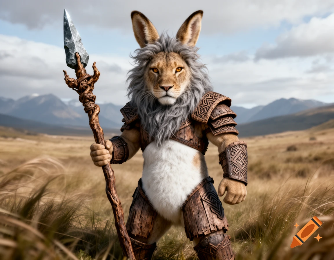 A photorealistic humanoid lion-rabbit hybrid in barbaric wooden armor holds a stone-tipped spear in a grassy field with mountains.