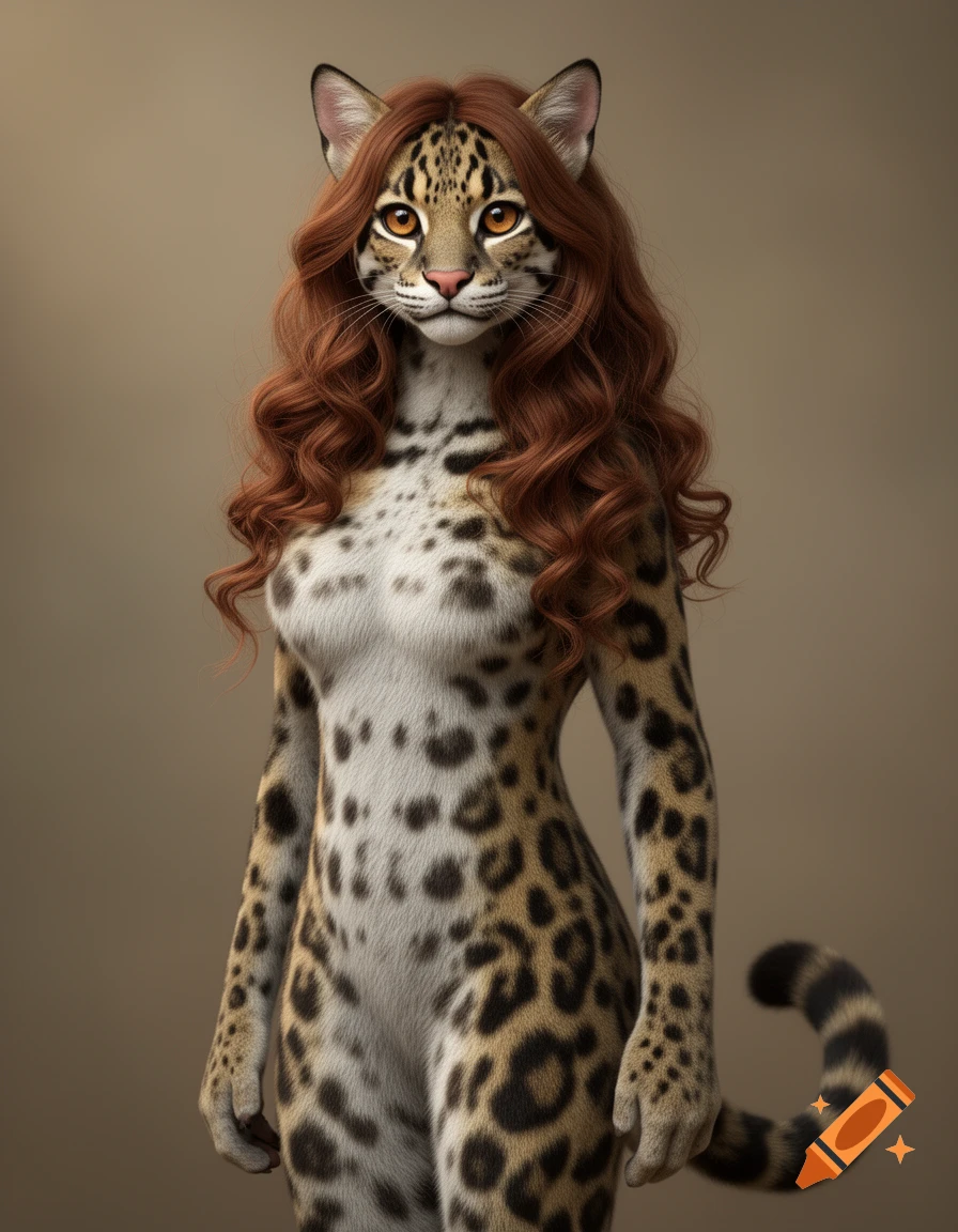 A highly detailed, photorealistic portrait of an anthropomorphic ocelot with long, curly red hair, against a neutral background.